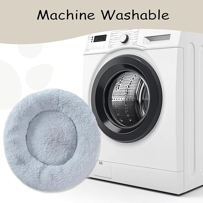 23'' inch Calming Dog Bed, Anti-Anxiety Donut Small Dog Bed, Warming Cozy Soft Cute Round Washable, Marshmallow Cuddler Nest Puppy Bed, Grey