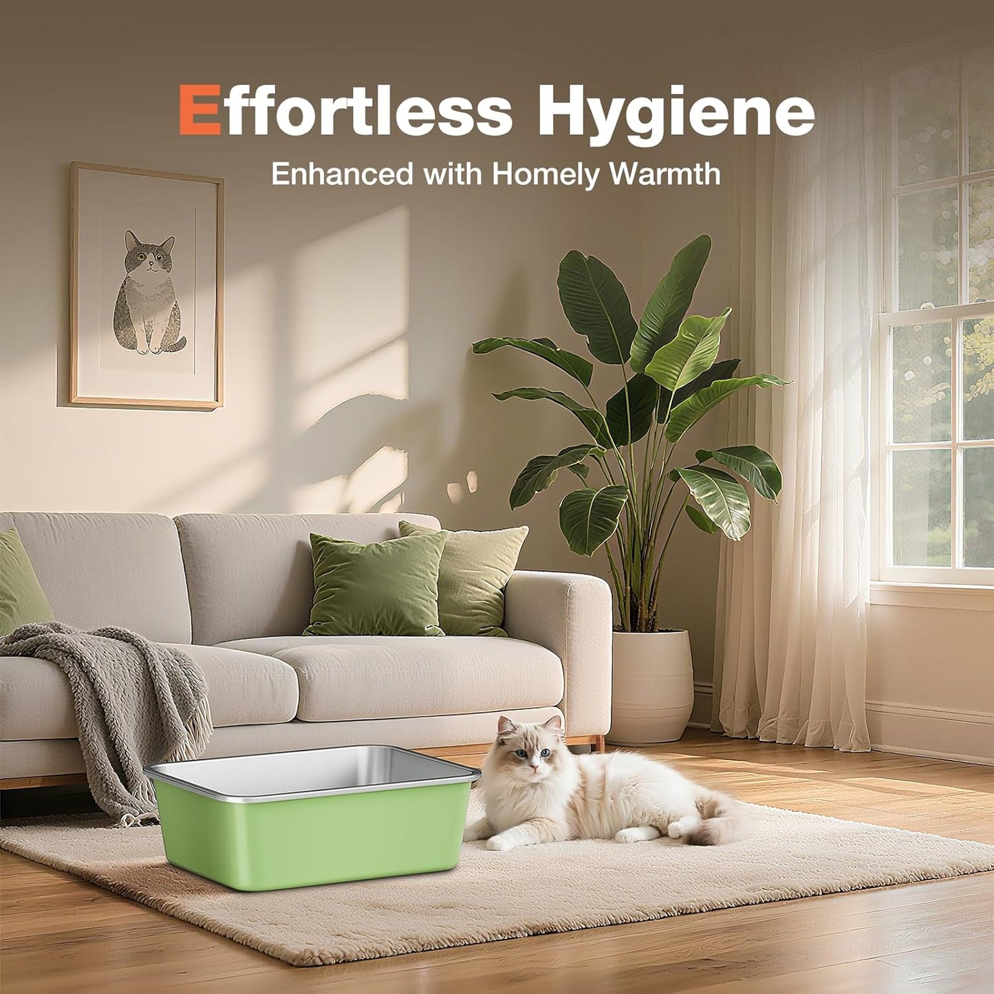 Stainless Steel Litter Box, Large Metal Cat Litter Box with High Sided for Big and Small Cats, Non-Stick, Easy to Clean, Odor-Free, 19.5" L×13.6" W×5.9" H, Leaf Green