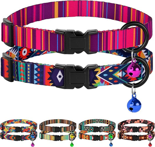 Cat Collars 2 Pack - Soft Cute Breakaway Collar with Bell, Adjustable Safety Kitten Collars for Girl & Boy Cats – Comfortable Stylish Patterned Print Lightweight (Ethnic + Striped)