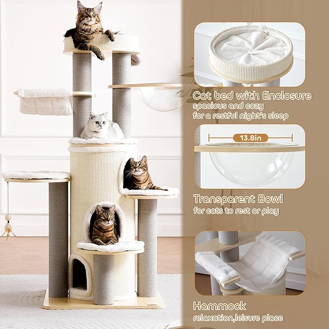Modern Cat Tree,63'' Multi-Level Cat Tower with 3 Level Sisal Condo,Hammock,Washable Cushions,Tall Heavy Duty Cat Condo with Post,Luxury Wood Cat Tree Tower for Indoor Large Adult Maine Coon