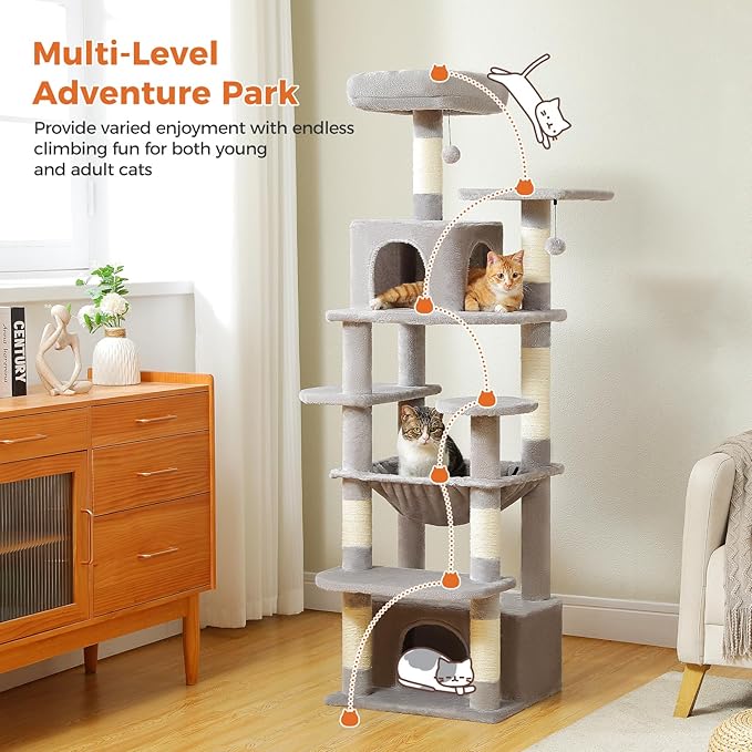 Cat Tree for Indoor Cats, 64.5" Tall Cat Tower with 2 Cozy Condos, Scratching Posts, Large Hammock and Dual Padded Perches, Multi-Level Activity Center for Large Cats, Grey