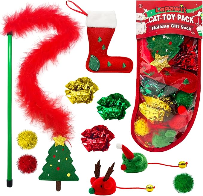 Cat Christmas Stocking, 10 Pack Gifts for Christmas, Interactive Feather Toy with Catnip, Cat Ball Toys, Crinkle Balls, Mice Toys for Indoor Cats & Kitten