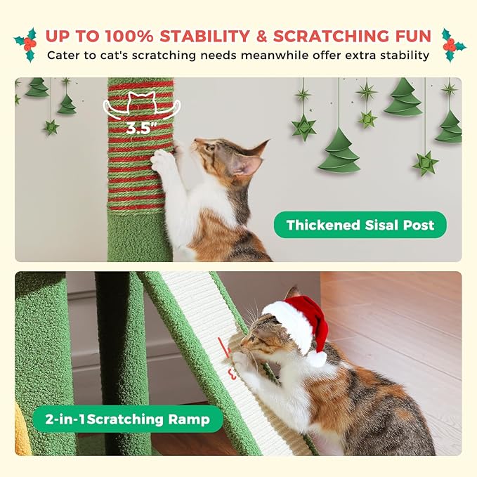 Christmas Cat Tree, Floor to Ceiling Tall Cat Tower (Adjustable Height 83"-108.7") with 3 Spacious Condos, Scratching Posts, Climbing Ladder, Hammock & Detachable Cat Toy for Indoor Cats