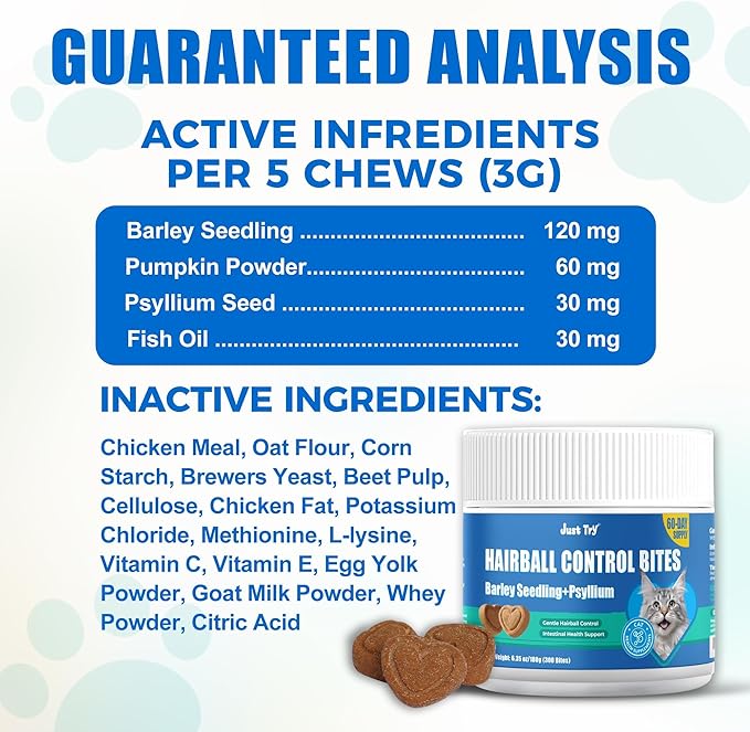 Just Try 300 Bites Hairball Control Cat Treats - Hairball Treatment & Relief for Cats - with Cat Grass, Pumpkin, & Omega-3 Fish Oil, Crunchy Chicken Flavor Crunchy Bites