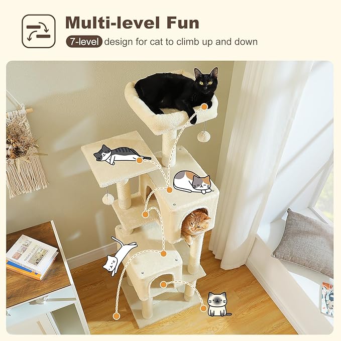 62" Cat Tree for Indoor Cats, Multi-Level Cat Tower for Large Cats with Scratching Posts, 2 Spacious Plush Condos, Padded Perch, Soft Cat Bed, Scratching Pad & 2 Pompoms, Beige