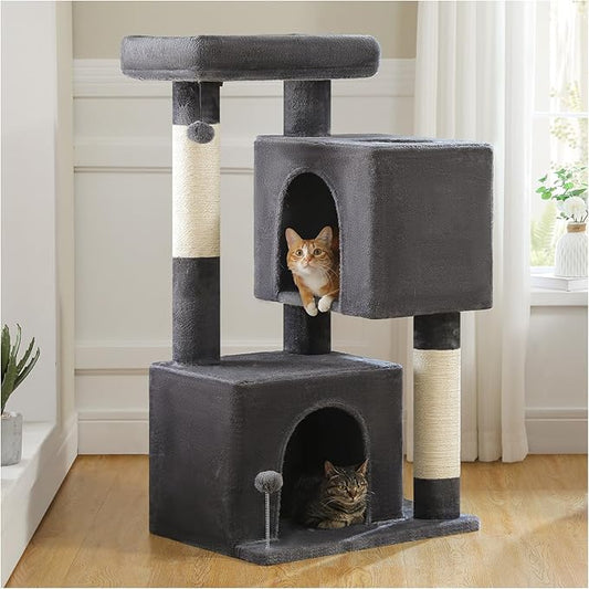 XL Cat Tower 44" Cat Tree for Large Cats 20 lbs+, 2 Spacious Condos with 3.4" Thickened Scratching Post, Large Top Perch, 2 Interactive Toys, Dark Grey