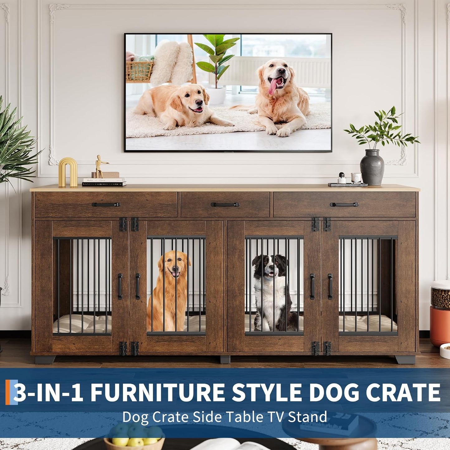 71 Inch Dog Crate Furniture for 2 Rooms, Wooden Double Crate Large Breed with Door, Dog Kennel Indoor, TV Stand End Table with Divider for Large Medium Dogs,Brown