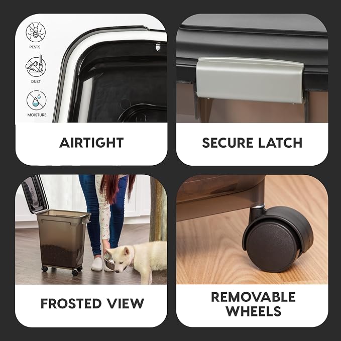 IRIS USA 22 Lbs / 28 Qt WeatherPro Airtight Pet Food Storage Container with Attachable Casters, For Dog Cat Bird and Other Pet Food Storage Bin, Keep Fresh, Easy Mobility, BPA Free, Smoke