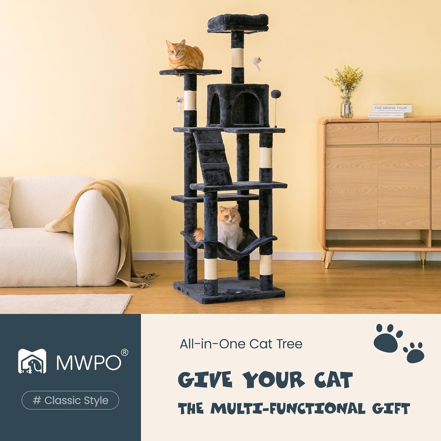 MWPO 63.8 inches Multi-Level Cat Tree for Large Cats with Sisal-Covered Scratching Posts, Padded Platform, Hammock and Condo,Stable Cat Tower Cat Condo Pet Play House-Smoky Gray