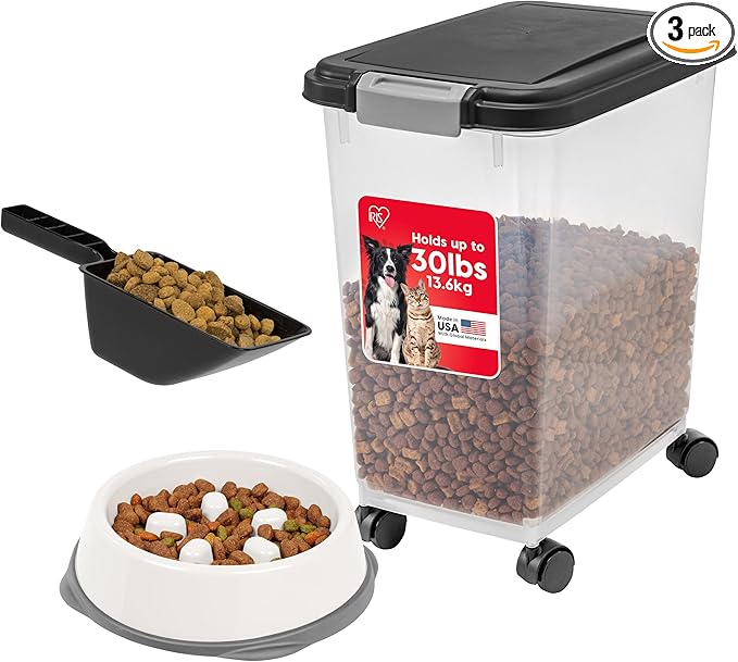 IRIS USA Airtight Dog Food Storage Container with 2-Cup Scoop and Slow Feeder Bowl Combo, Up to 30 lbs Pet Food Bin with Attachable Wheels, Anti-Slip Short Snouted Bowl, Easy to Clean, BPA Free, Black