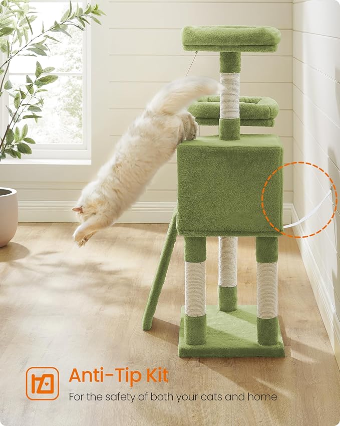 Feandrea Cat Tower, Cat Tree for Indoor Cats, 45.3-Inch Cat Condo with Scratching Post, Ramp, Perch, Spacious Cat Cave, for Kittens, Elderly Cats, Adult Cats, Small Space, Grass Green UPCT141C01