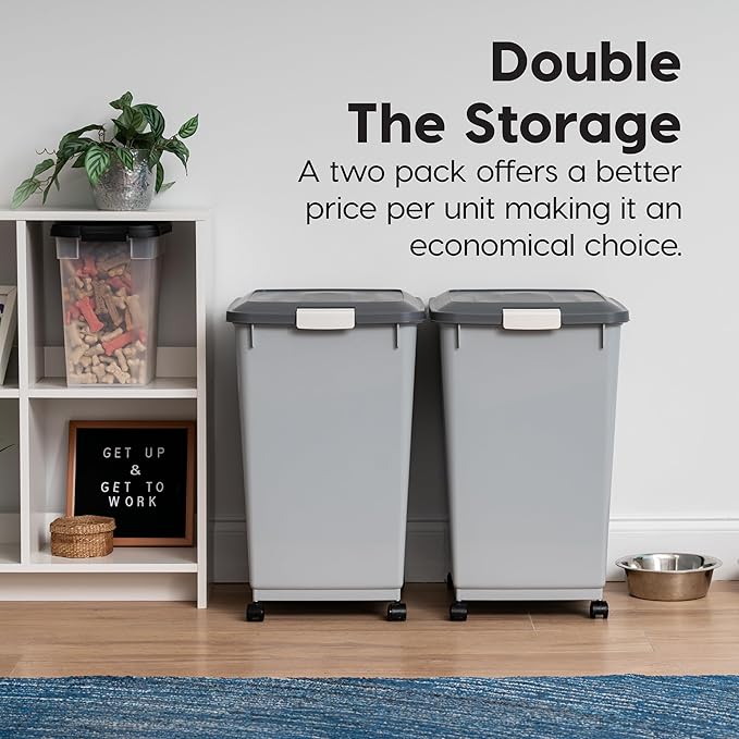 IRIS USA Dog Food Storage Container 50 lbs, 2-Pack with Wheels, Airtight Lid, 2-Cup Scoop, Double Pet Food Storage, Built in Scoop Storage in Lid, Versatile Pet Food Bin, Portable, Gray/Dark Gray