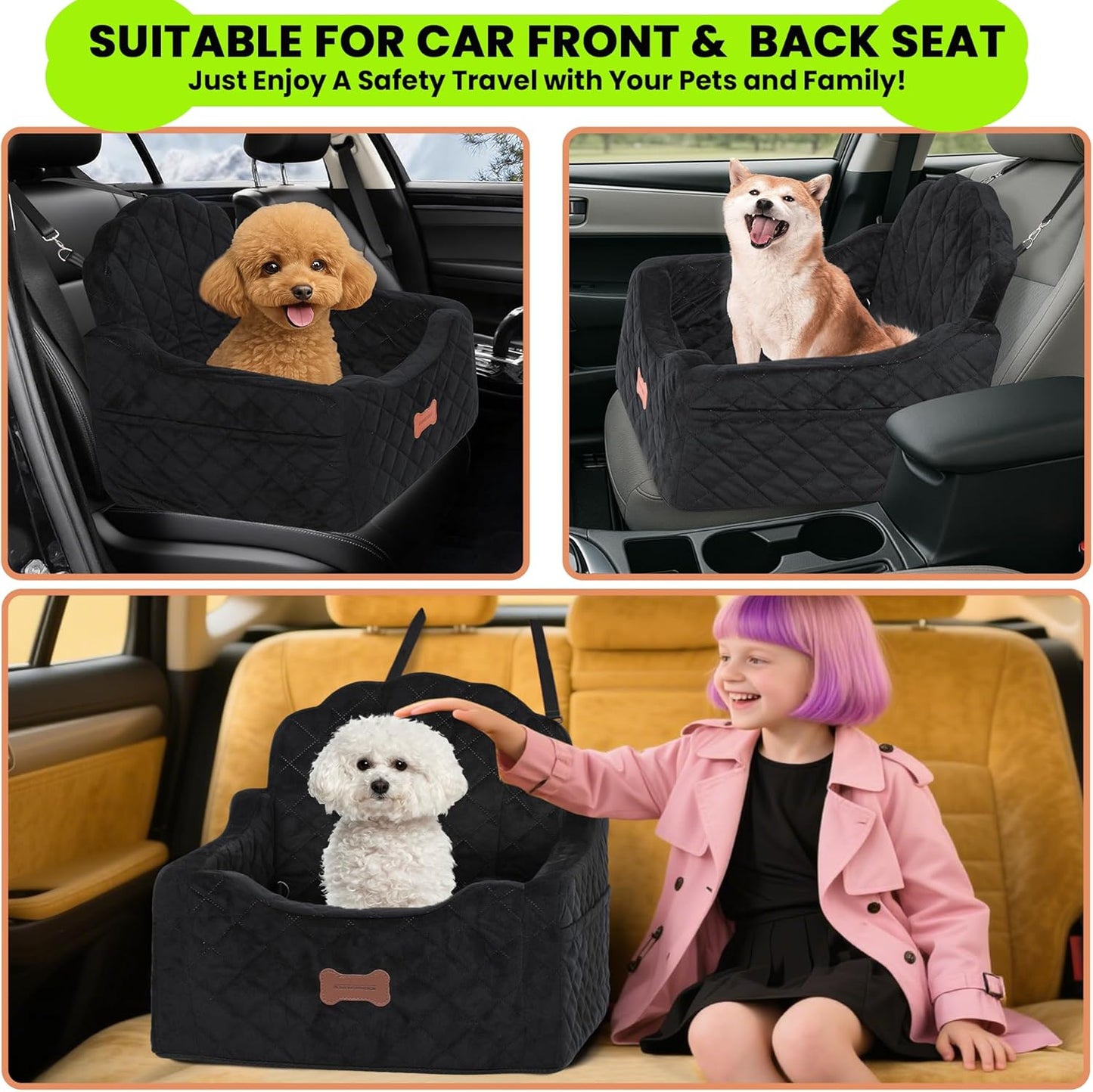 Dog Car Seat for Small Dogs Under 30lbs, Detachable Washable Pet Booster Seat with Safety Belt & Storage Pockets, Travel Car Bed, Black
