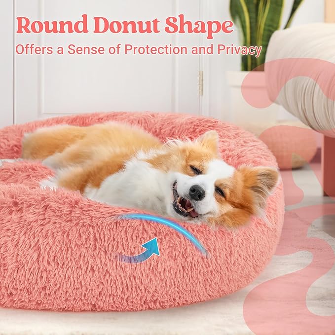 rabbitgoo Calming Dog Bed for Small Medium, 30 inches Pet Bed Machine Washable, Non-Slip Round Fluffy Plush Faux Fur Large Cat Cushion, Soft Donut Cuddler Cushion for Small Dogs, Pink