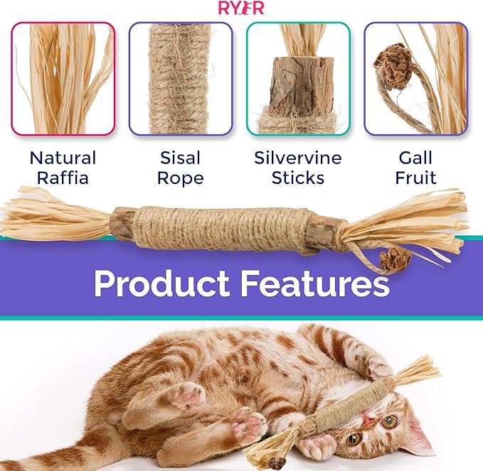 RYERCAT Silvervine Sticks for Cats - 100% Natural Cat Chew Toy for Aggressive Chewers and Kitten Teething - Pet Friendly, Smooth Finish, Irresistible Taste and Smell (5 Pack)