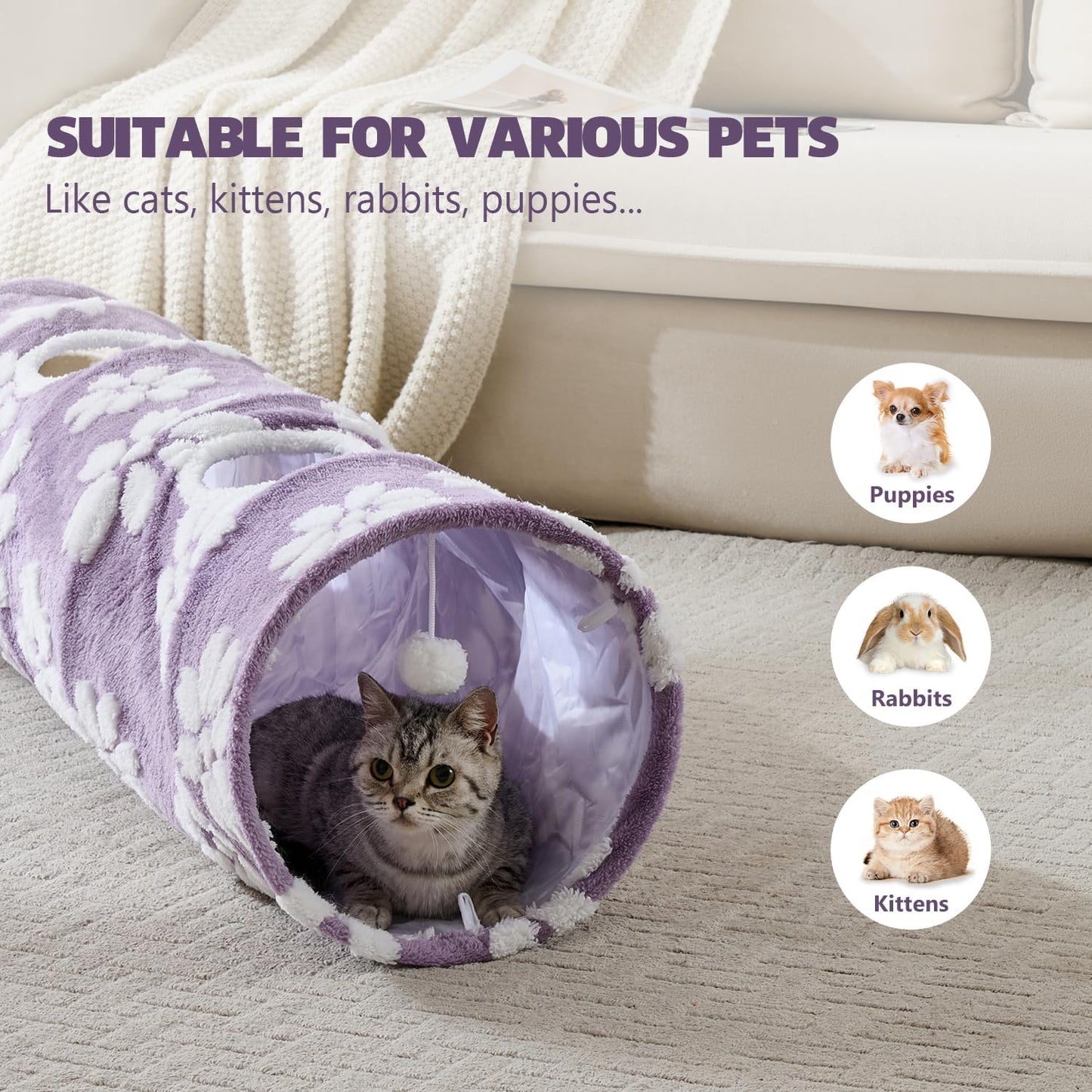 Straight Cat Tunnel for Indoor Cats 47"x12", Cute Cat Toys Collapsible Tunnel Tube with Balls for Puppy Kitten Rabbit, Purple Flower