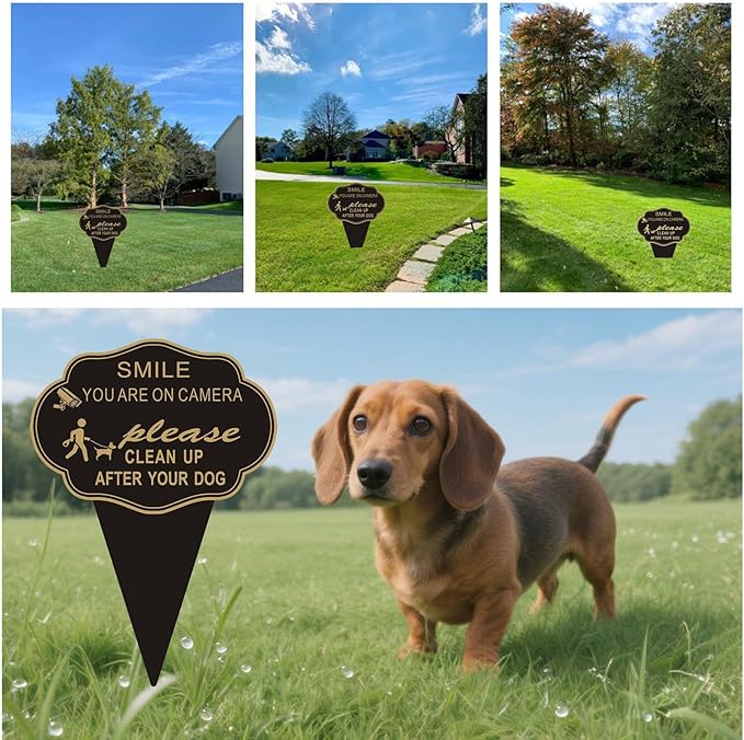 2 Pack Clean Up After Your Dog Sign, Smile You are on Camera Sign Double Sided 14”X10” No Pooping Dog Signs For Lawn or Yard With Integrated Stake Rust Resistant Aluminum for Outdoor Use
