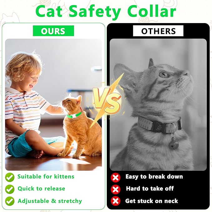 Elastic Cat Collar, Stretch Cat Collar Quick Release, Bright Colors Safety Kitten Collar Adjustable Collar for Kittens, Lightweight Soft Polyester Collars for Boy Girl Cats (Neon Green,S)