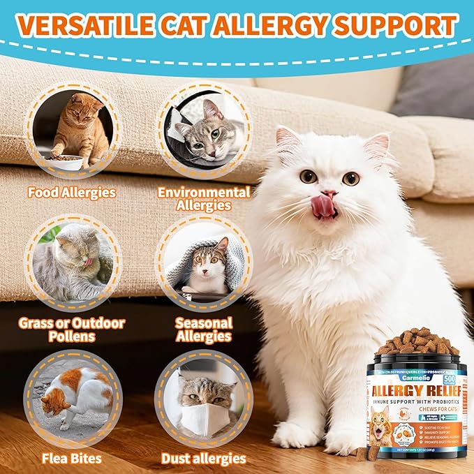 Cat Allergy Relief Treats, 500 Crunchy & Creamy Chews, Allergy Relief for Cats with Colostrum, Probiotics - Itchy Skin & Paw Licking, Immune Support, Seasonal Allergies - Chicken and Krill Flavor