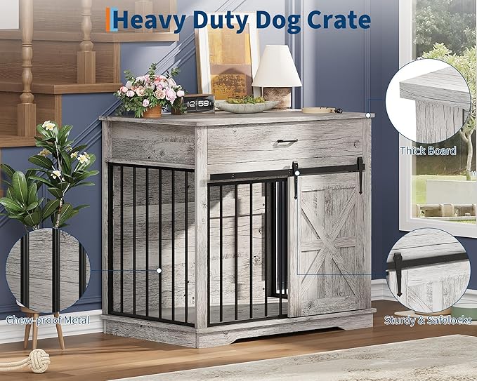 37.8" Dog Crate Furniture, Farmhouse Style 2-in-1 Dog Crate with Sliding Barn Door for Small/Medium Dogs, Dual Function as Side Table with Storage Drawer, 2-in-1 Iron-Wood Fusion Design, Grey