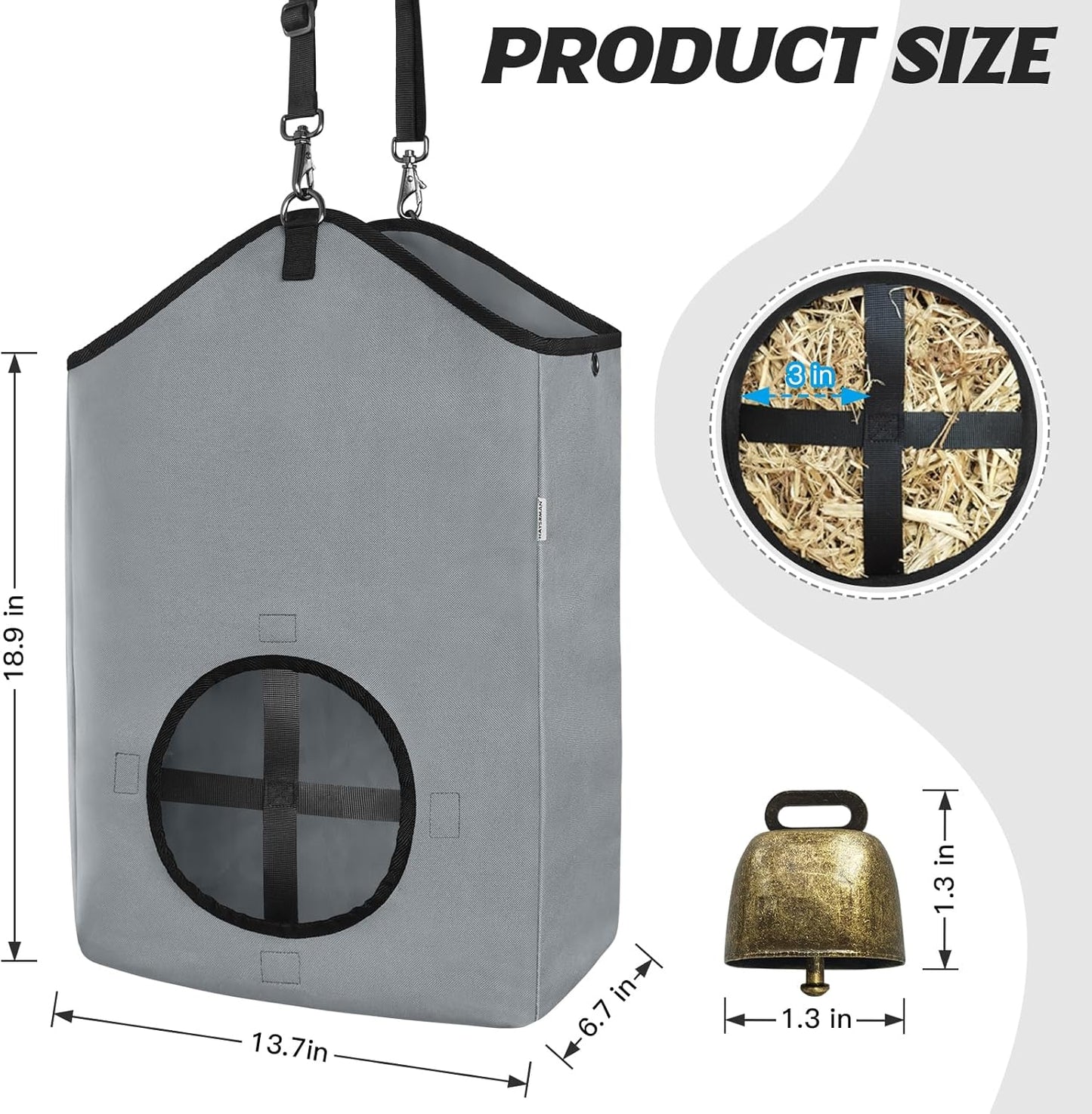 3 PCS Goat Hay Feeder,Hay Bags for Horses,Goats,Donkeys with Reinforced Oxford Fabric and High Strength Metal Clasp,Horse Feeding Supplies with Adjustable Strap for Easy Hanging (2Grey+1Black)