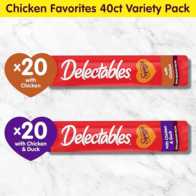 Hartz New! Delectables Squeeze Up Non-Seafood Chicken Variety Pack, Creamy Squeezable Puree, Lickable Wet Cat Treats, Grain-Free, No Added Fillers, 0.5 Ounces Tube, 40 Tubes Total