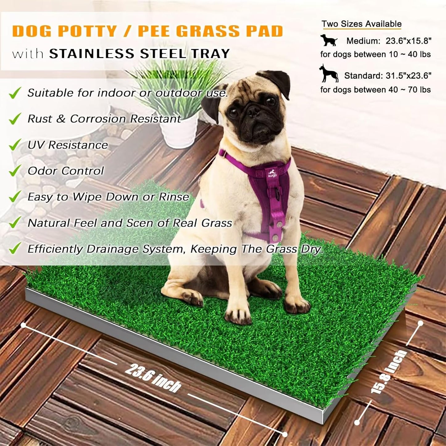 Dog Grass Pad with Tray, Stainless Steel Odor-Resistand Indoor Outdoor Potty System, Durable Alternative to Plastic with Artificial Grass for Dogs Potty Training (Potty System Size -23.6"x 15.8")