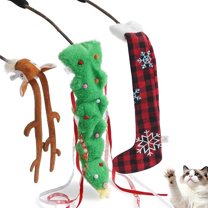 Nocciola 3 PCS Christmas Cat Toys – Natural Catnip and Silvervine Sticks Chew Toys，Cute Reindeer, Tree and Santa Hat Cat Wands，Interactive Teaser Toys for Indoor Cats, Perfect Holiday Present