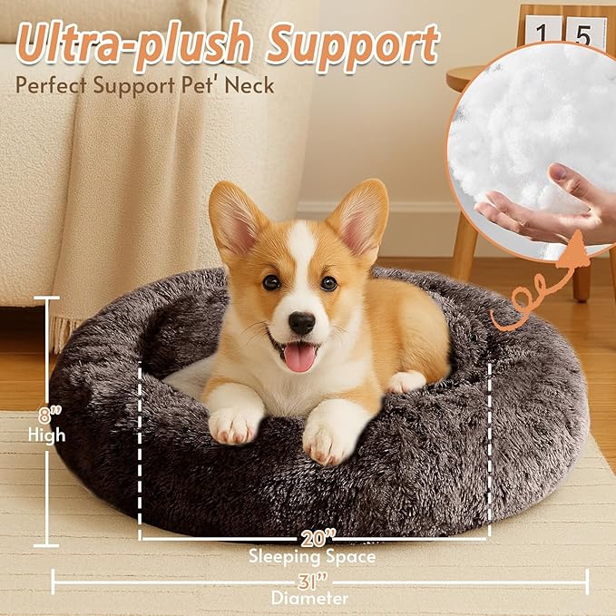 JOLLYVOGUE Small Dog & Cat Beds for Indoor Cats, Donut Cuddler Warming Soft Dog Beds with Anti-Slip Bottom, Round Calming Fluffy Plush Faux Fur Cushion Bed for Medium Dogs (31")