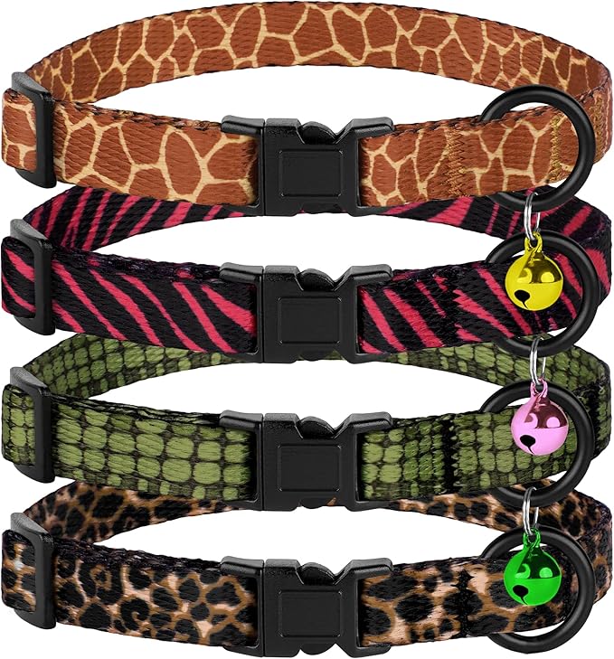 4PCS Breakaway Cat Collars with Bell - Cute Soft Adjustable Safety Kitten Collars 4-Pack - Nylon Pet Collars Nature Tribal Striped Floral Space Aztec Flowers Print (Animal Print)