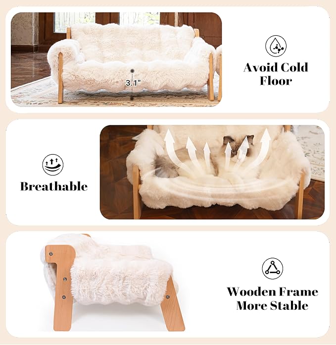 CHEERHOME PETS Elevated Cat Couch Bed for Indoor Cats, Wooden Cat Sofa with Removable Washable Fluffy Cover Raised Kitty Lounge Chair Suitable for Puppy(Cat Sofa Off-White)
