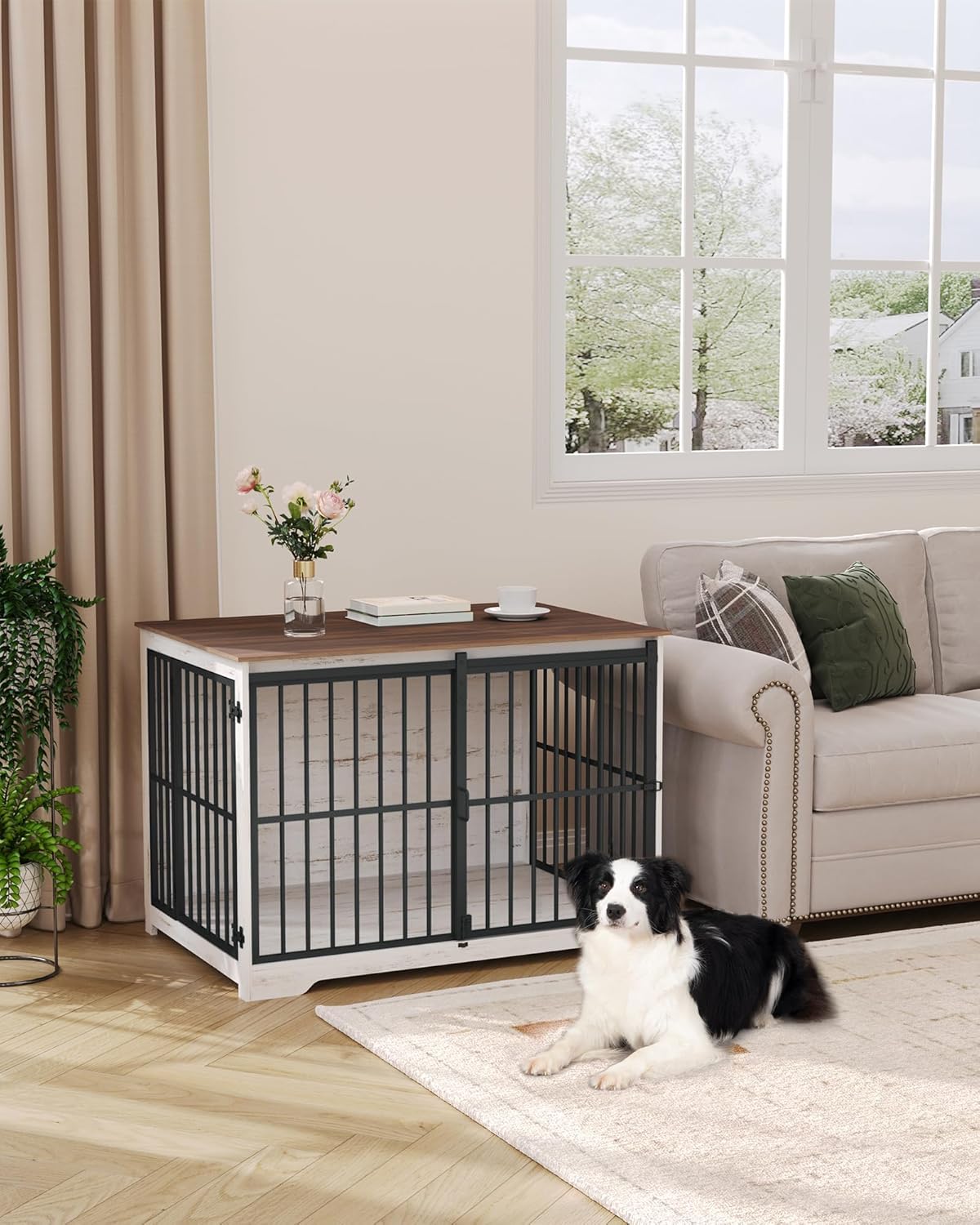 XL Large Dog Crate Furniture, 44.1" Indoor Dog Kennel Furniture with Barn Door, Wooden Tall Dog Crate, Heavy Duty Dog Cage for Large Dogs, Side End Table, Anti-Chew, White Brown DFC80114B