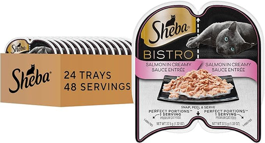 Sheba Perfect Portions Bistro Adult Wet Cat Food, Salmon in Creamy Sauce Entree, 2.6 oz. Twin-Pack Trays (24 Count, 48 Servings)