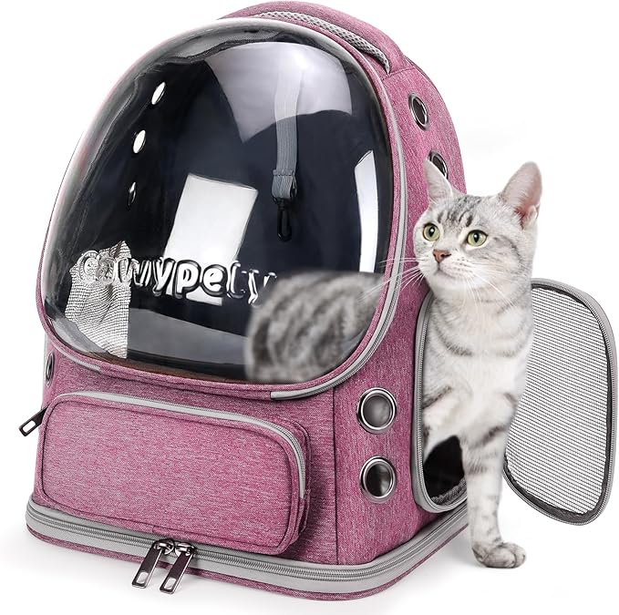 Cat Backpack Carrier, Breathable Cat Carrier Large Space Bubble Pet Backpack for Kitty Small Dog up to 15lbs, Transparent & Foldable Pet Carrier for Travel Hiking（Pink）