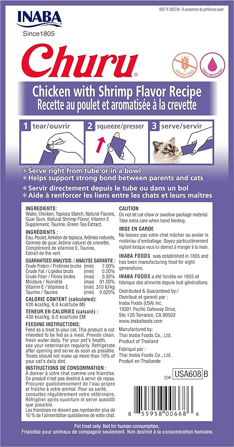 INABA Churu Cat Treats, Grain-Free, Lickable, Squeezable Creamy Purée Cat Treat/Topper with Vitamin E & Taurine, 0.5 Ounces Each Tube, 12 Tubes (4 per Pack), Chicken with Shrimp Recipe