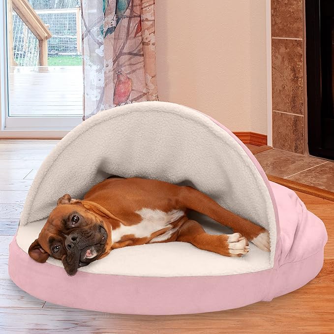 Furhaven 35" Round Memory Foam Dog Bed for Large/Medium Dogs w/ Removable Washable Cover, For Dogs Up to 50 lbs - Sherpa & Suede Snuggery - Pink, 35-inch