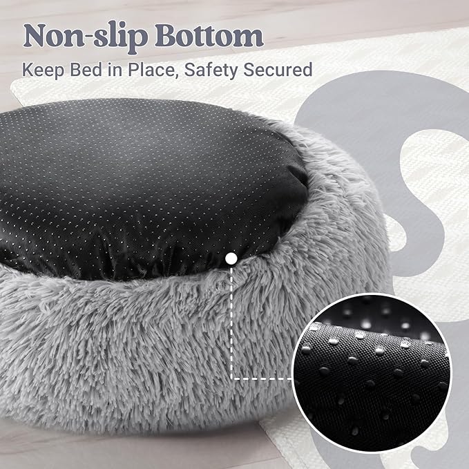 rabbitgoo Calming Dog Bed for Small Medium, 30 inches Pet Bed Machine Washable, Non-Slip Round Fluffy Plush Faux Fur Large Cat Cushion, Soft Donut Cuddler Cushion for Small Dogs, Light Grey