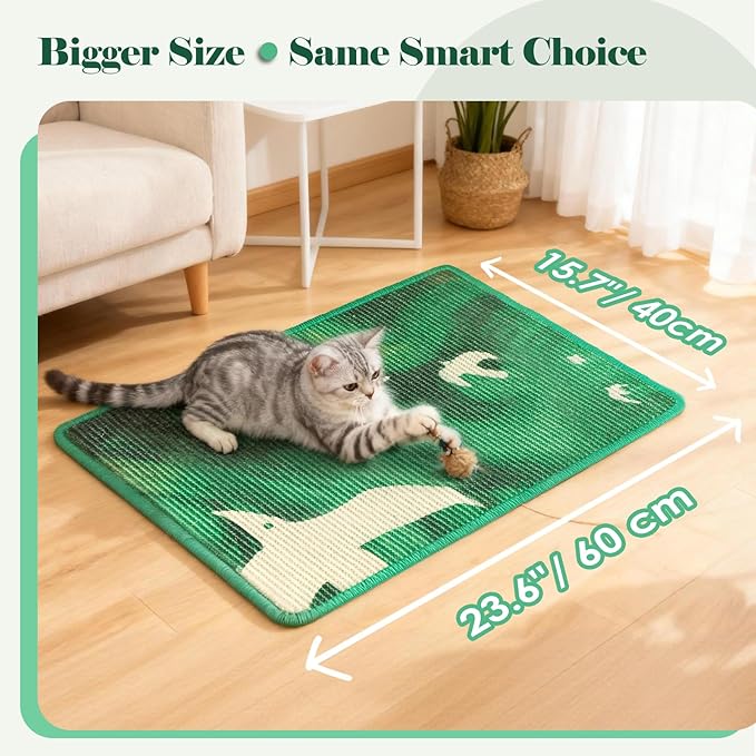 3-in-1 Sisal Cat Scratcher Mat 23.6x15.7'' Protects Carpet Couch & Furniture with Sticker Tape, Floor & Wall Cat Scratching Pad, Anti-Slip, Durable for Indoor Outdoor Cats (Green Emergence)