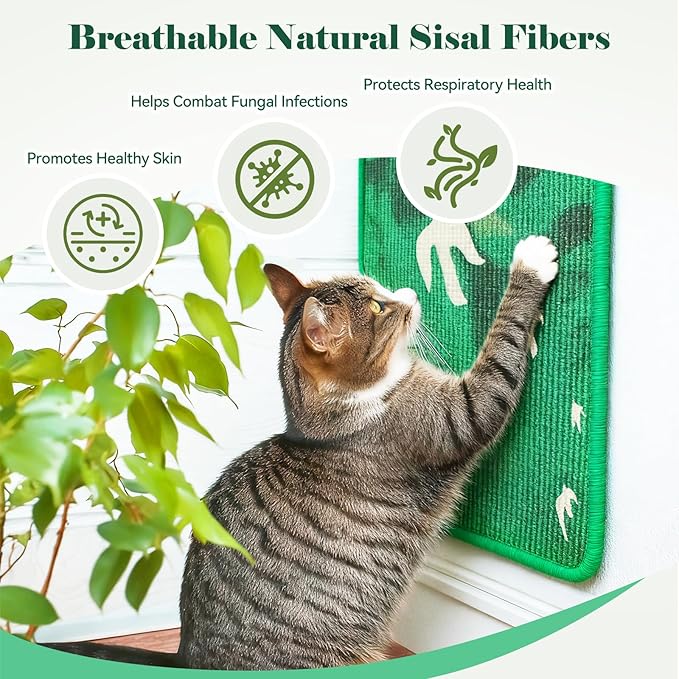 3-in-1 Sisal Cat Scratcher Mat 23.6x15.7'' Protects Carpet Couch & Furniture with Sticker Tape, Floor & Wall Cat Scratching Pad, Anti-Slip, Durable for Indoor Outdoor Cats (Green Emergence)