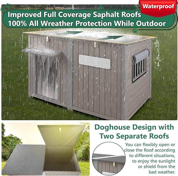 55" Extra Large Outdoor Dog House Weatherproof Wooden Doghouse Indoor for Large Breed Dogs with Anti Bite Frames with Window,10 Elevated Feet, Reinforced Bottom for Pet Up to 220LBS