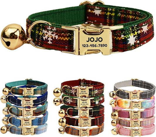 Plaid Polyester Personalized Cat Collar with Name & Owner Phone, Customizable Laser-Engraved, Charming Bell, Metal Buckle for Kittens and Cats - Matching Leash Available (Style-N)