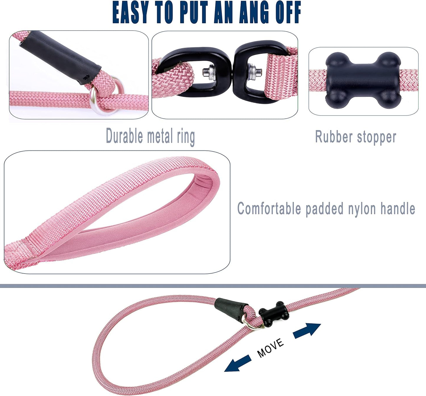 Slip Lead Dog Leash，Strong Nylon Rope Leash and Padded Handle,No Pull Outdoor Walking Training Lead for Small Medium Large Dogs (Pink, 1/2"×4ft)
