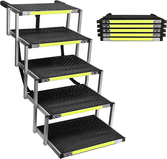 Sturdy 5-Step Aluminum Frame Dog Stair with 1680D PVC Fabric - Non-Slip, Lightweight & Portable - Ideal for Car, SUV, Truck Access - Black (98x67x43cm)