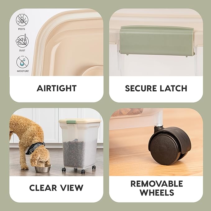 IRIS USA 58 Lbs / 67 Qt WeatherPro Airtight Pet Food Storage Container with Attachable Casters, For Dog Cat Bird and Other Pet Food Storage Bin, Keep Fresh, Translucent Body, Almond/Clear