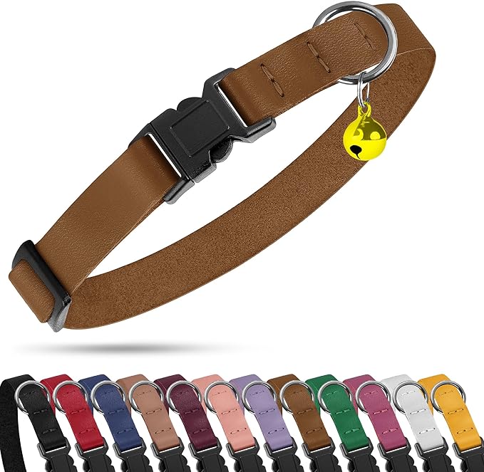 Breakaway Cat Collar with Bell - Leather Adjustable Kitten Collars with Safety Quick Release Buckle - Soft Small Pet Collars for Girl & Boy Cats (Brown)