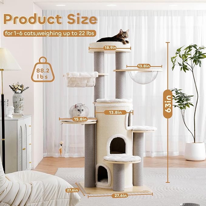 Modern Cat Tree,63'' Multi-Level Cat Tower with 3 Level Sisal Condo,Hammock,Washable Cushions,Tall Heavy Duty Cat Condo with Post,Luxury Wood Cat Tree Tower for Indoor Large Adult Maine Coon