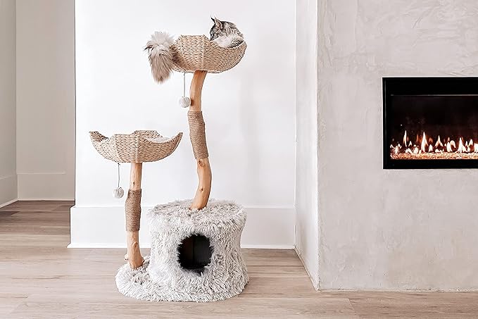 Mau Lifestyle Modern Cat Tree Tower, Real Branch Luxury Cat Condo, Wood Cat Tower, Scratching Tree, Cat Lover Gift