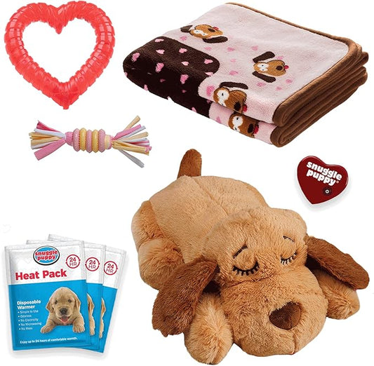 Original Snuggle Puppy Essentials Starter Kit - Heartbeat Puppy for Dogs - Calming Aid with 3 Heat Packs, Puppy Teething Toy, Dog Chew Toy and Dog Blanket