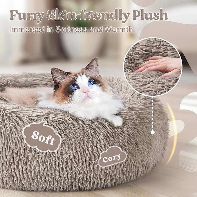 rabbitgoo Cat Beds for Indoor, 20 inches Machine Washable, Fluffy Round Pet Bed Non-Slip, Calming Soft Plush Donut Cuddler Cushion Self Warming for Small Dogs Kittens, Khaki, Medium