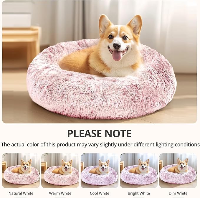 JOLLYVOGUE Small Dog & Cat Beds for Indoor Cats, Donut Cuddler Warming Soft Dog Beds with Anti-Slip Bottom, Round Calming Fluffy Plush Faux Fur Cushion Bed for Large Dogs (36", Smoke Pink)